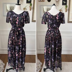 G•W•E Midi Floral Butterfly Chiffon Short Sleeve Dress L